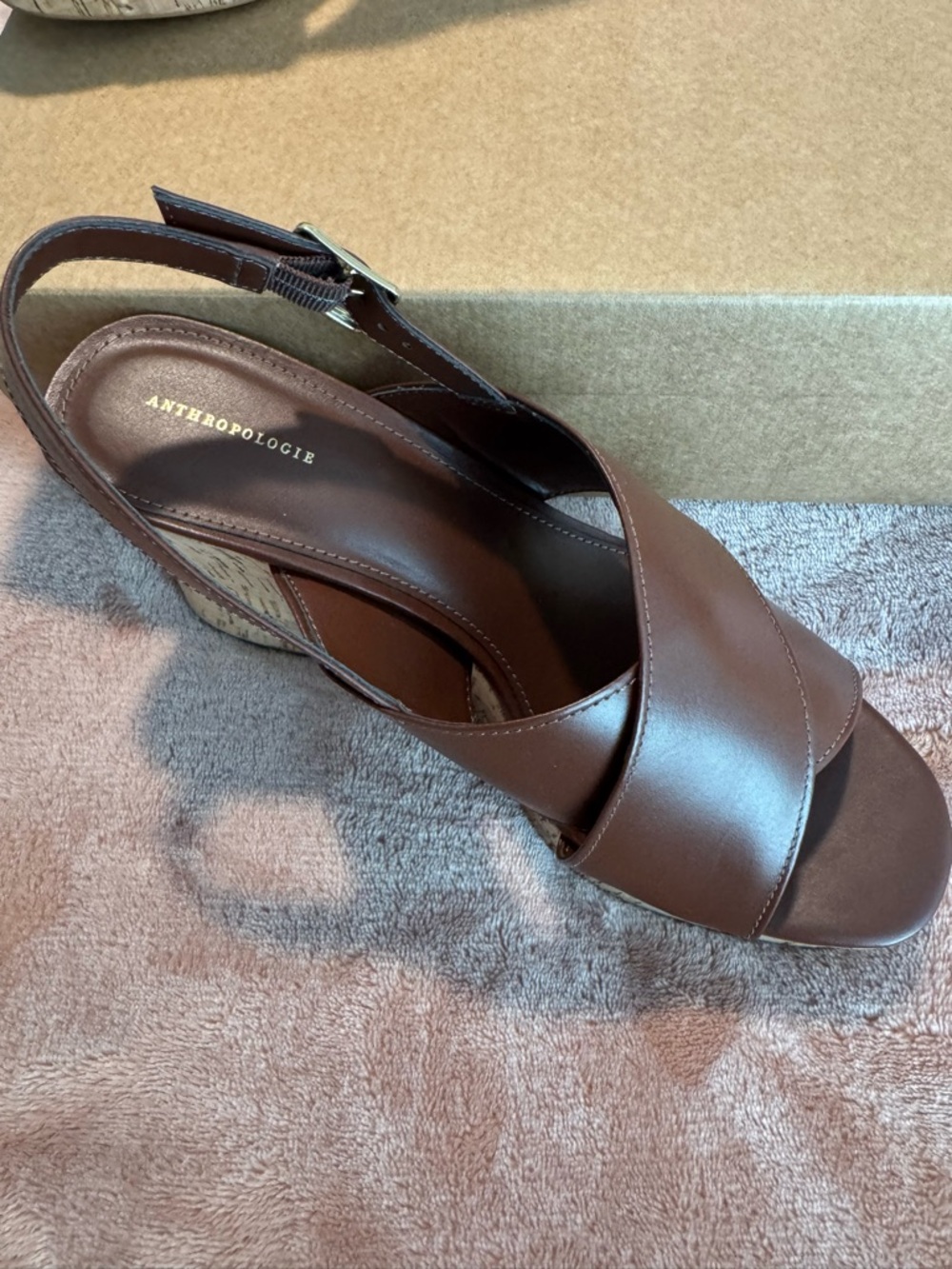 NEW IN BOX NIB Anthropologie Cross Strap Platform Wedges, Brown, Size 40/9.5 - Picture 4 of 6